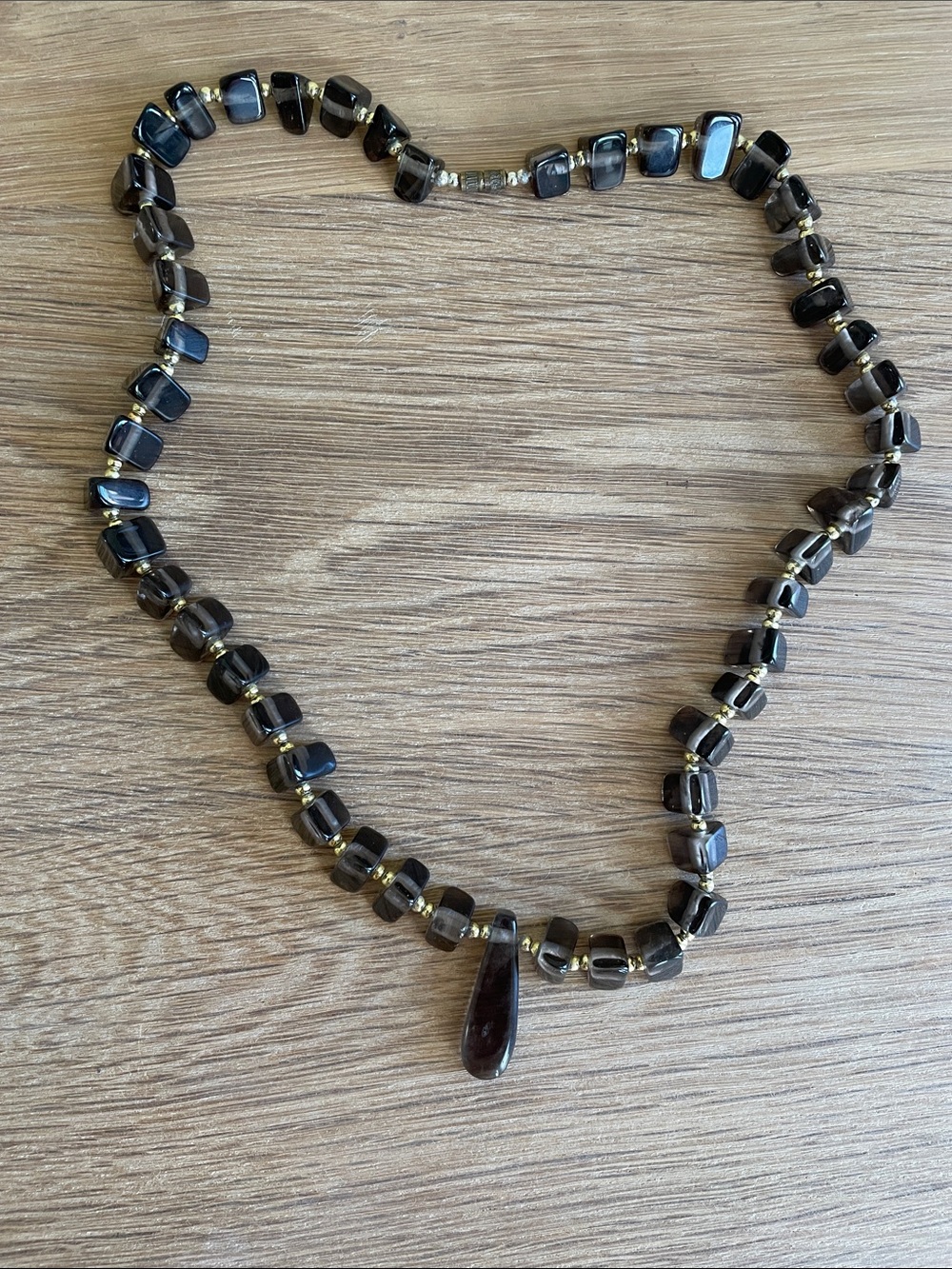 VINTAGE SMOKY GREY GLASS BEADED NECKLACE Drop Pendant Boho Goldtone - Picture 5 of 5